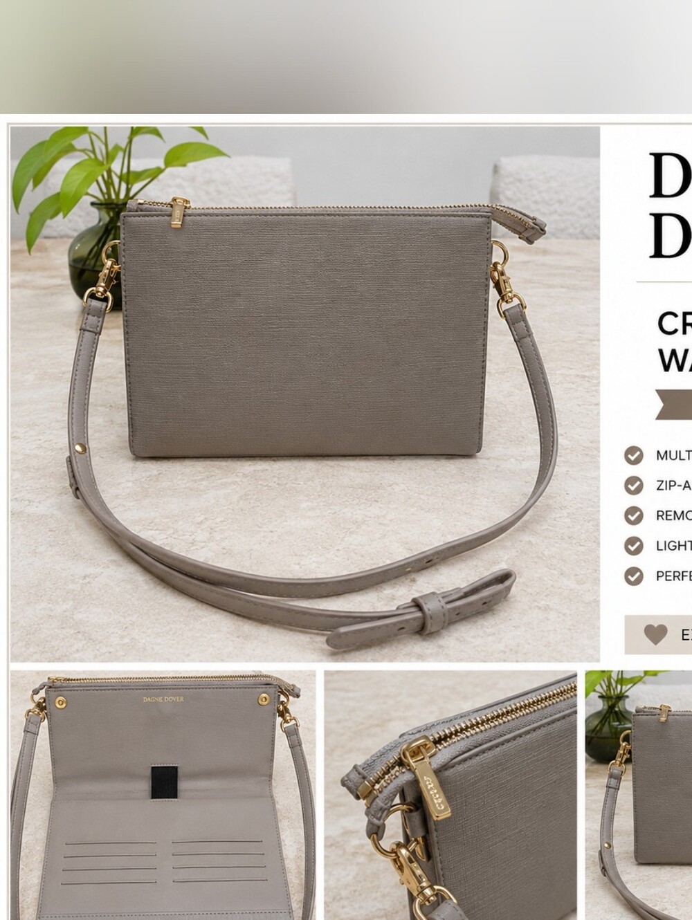 Dagne Dover Gray Crossbody Wallet Clutch Organizer Leather Travel Purse Bag